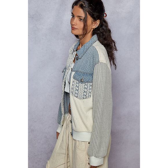 POL Long Sleeves Lace Details Button Up Chest Pockets Denim Jacket | Cerulean - Picture 3 of 4